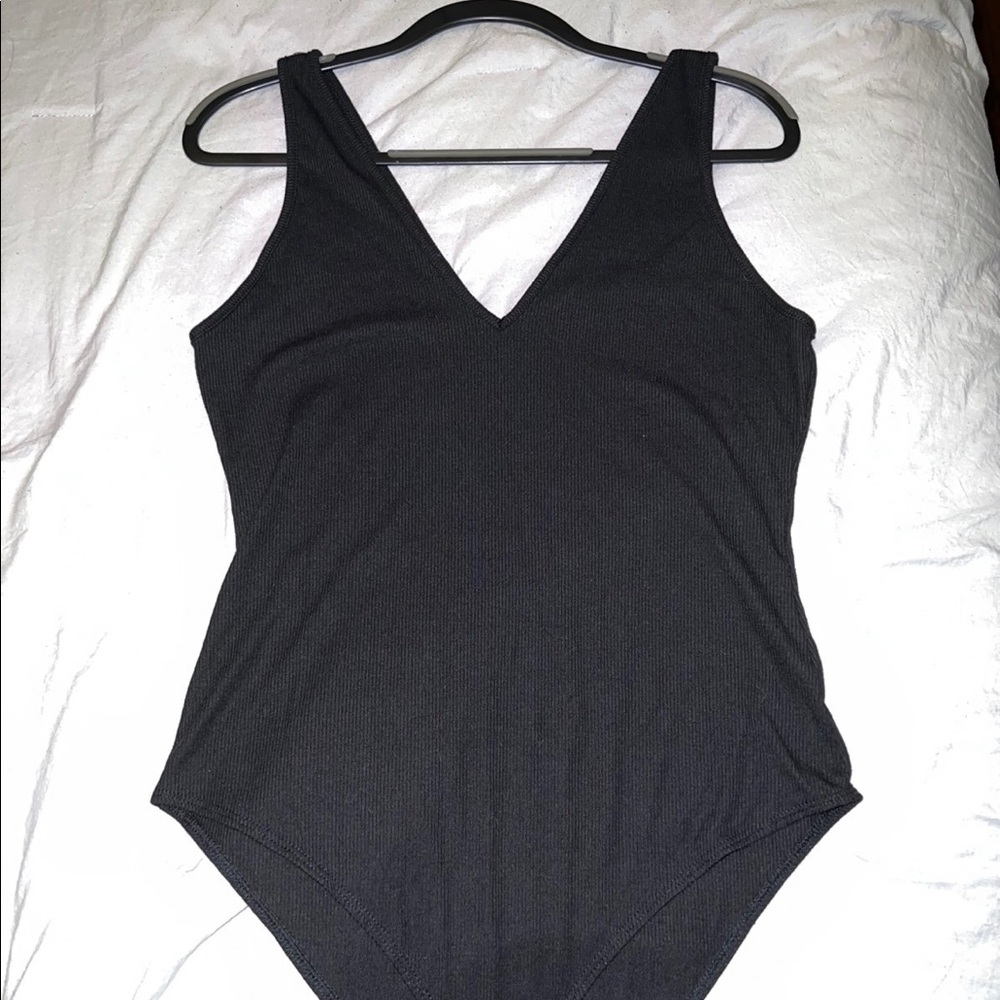 Abound Black Ribbed V Neck Body Suit